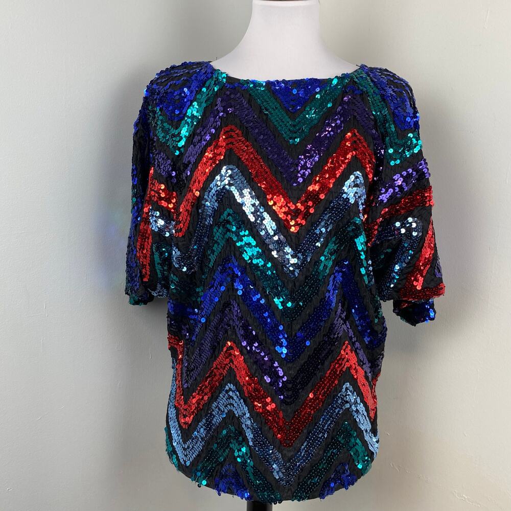 Vintage Rob Hill Colorful Chevron Sequin Batwing Blouse Disco Glam NYE Small